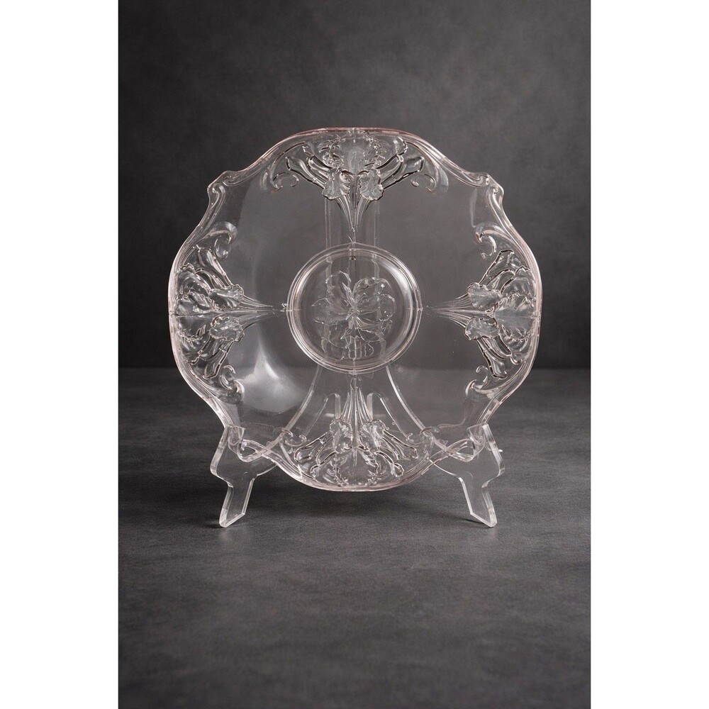Vintage Pink Depression Glass Bowl Floral Etched Scroll Edge 9.5” Serving Bowl